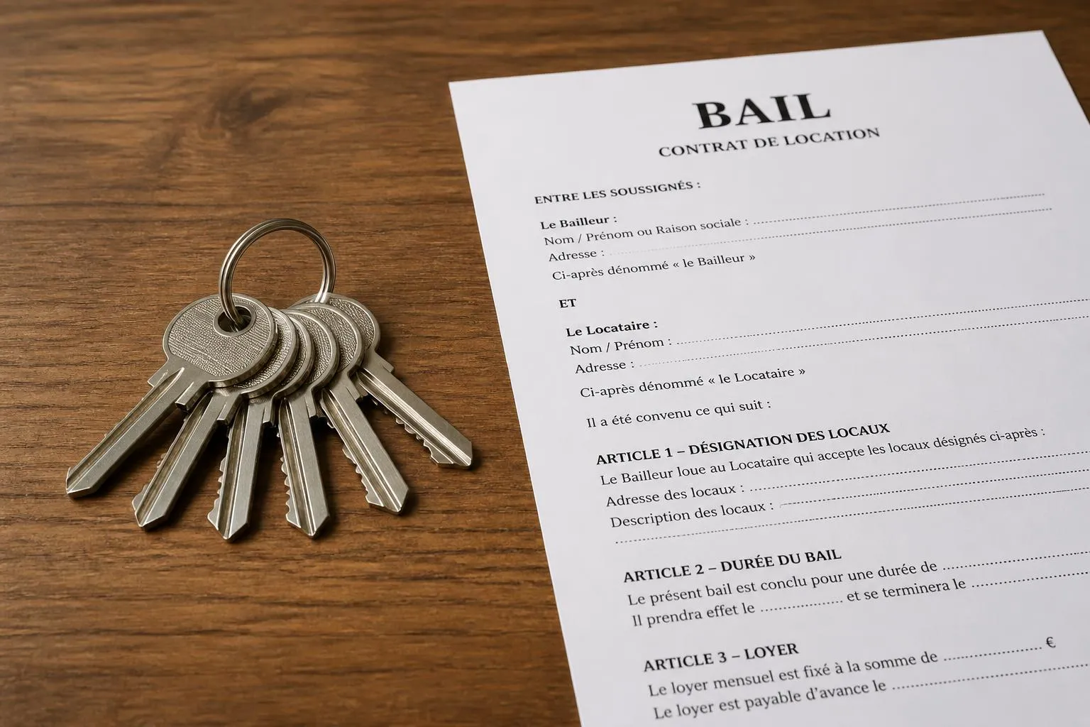 un trousseau de plusieurs clés identiques posé sur une table en bois, à côté d'un bail imprimé