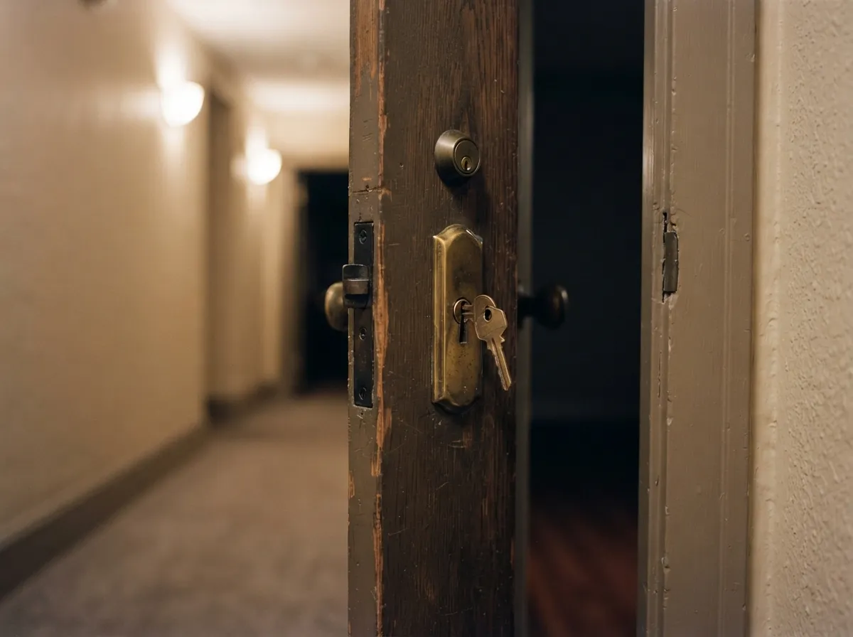 Une clé laissée dans la serrure d’une porte d’appartement entrouverte